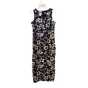 Hilo Hattie Hawaiian Original Navy Floral Maxi Dress Cotton Resort Beach Size 12
